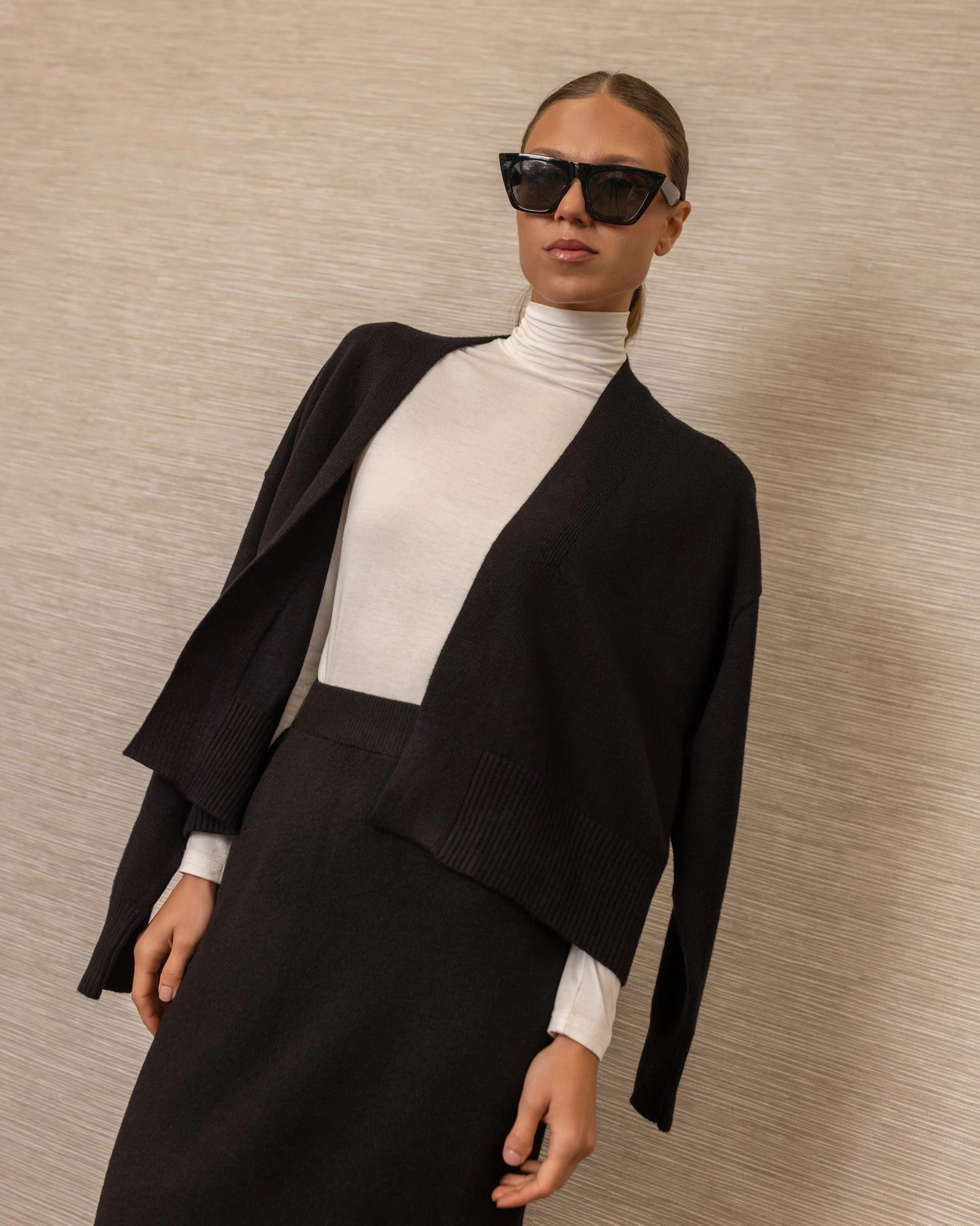 Belted Wrap Sweater | Black Breathable Microfiber