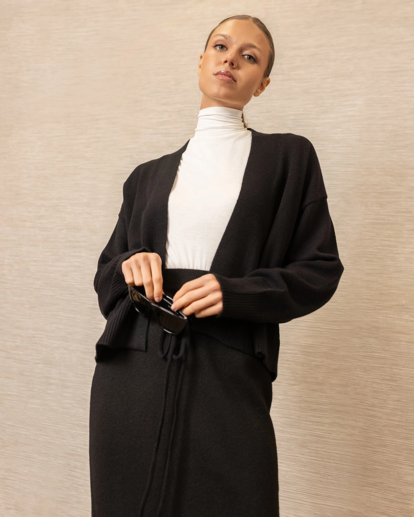 Reinforced Seams Belted Wrap Sweater | Black