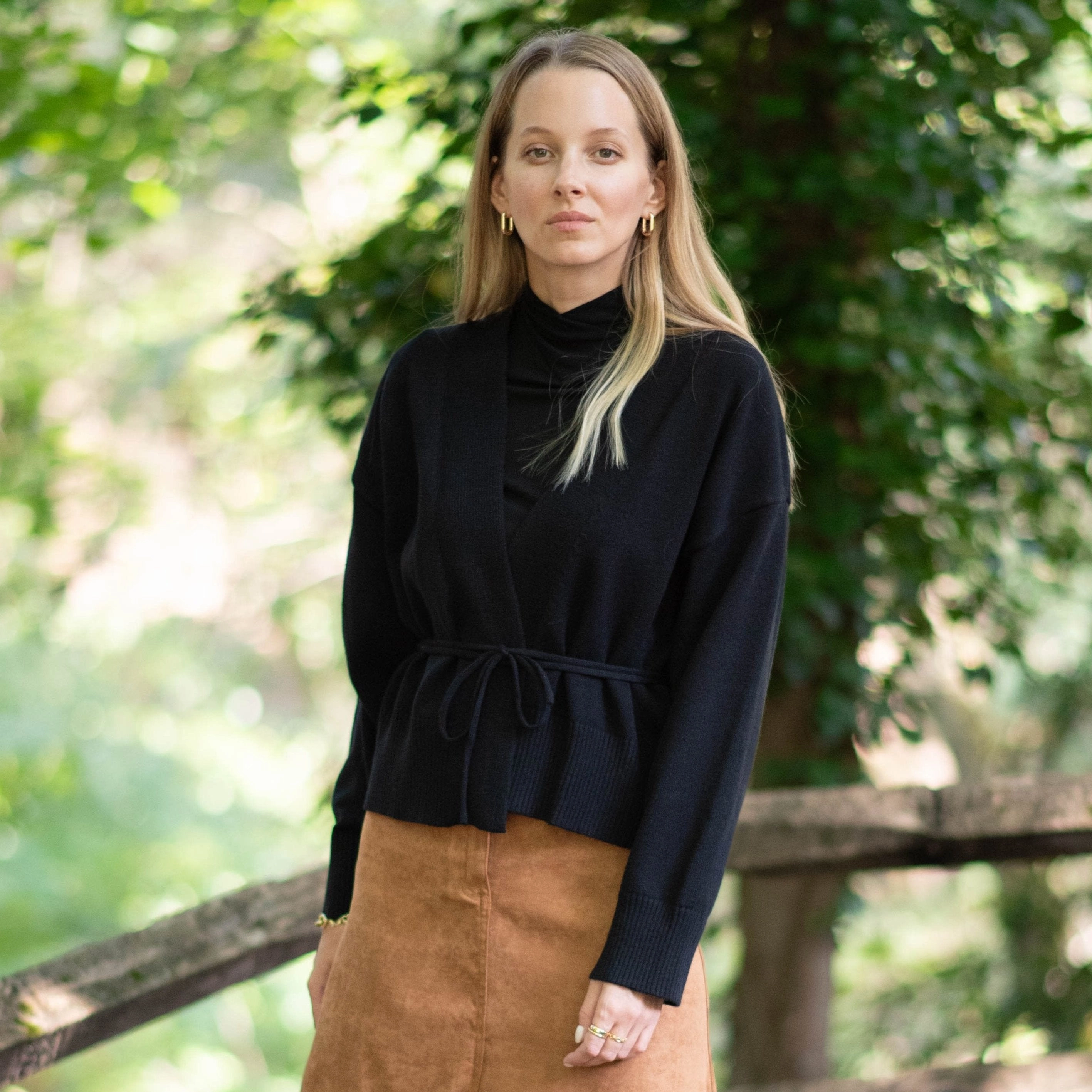 NonSlip Grip Tape Resilient Fabric Blend Belted Wrap Sweater | Black