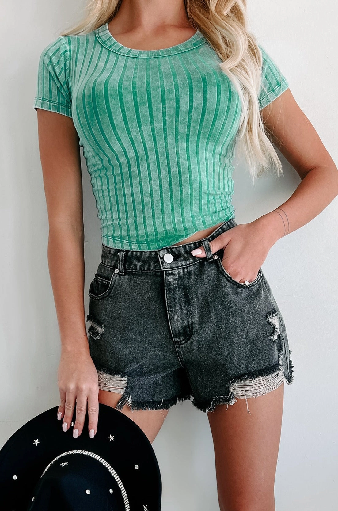 Ribbed Knit Fabric Beyond Help Ribbed Short Sleeve Crop Top (Kelly Green)