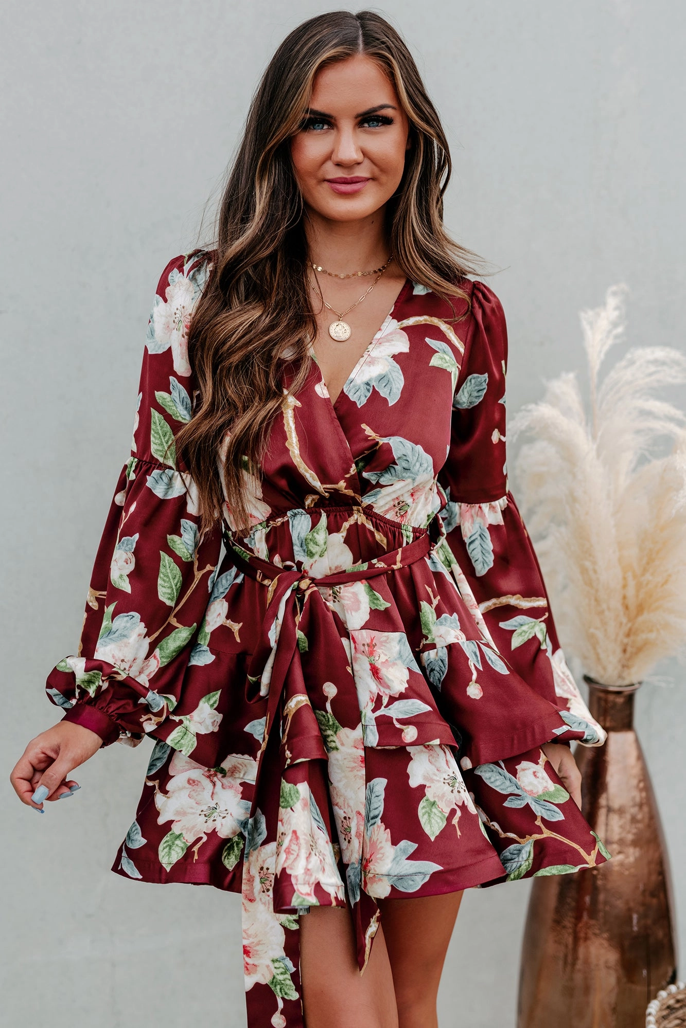 Decadent Desires Long Sleeve Floral Mini Dress (Wine) SeamlessConstruction