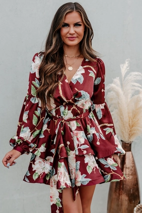 Decadent Desires Long Sleeve Floral Mini Dress (Wine) Ethically Sourced Yarn