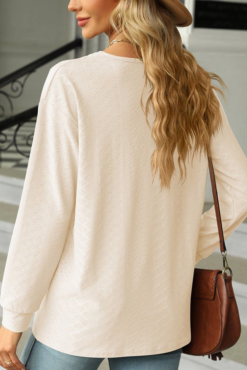 Flexible Hemline YarnDyedFabric BUTTON DECKED V NECK PATTERN STITCHED BLOUSE