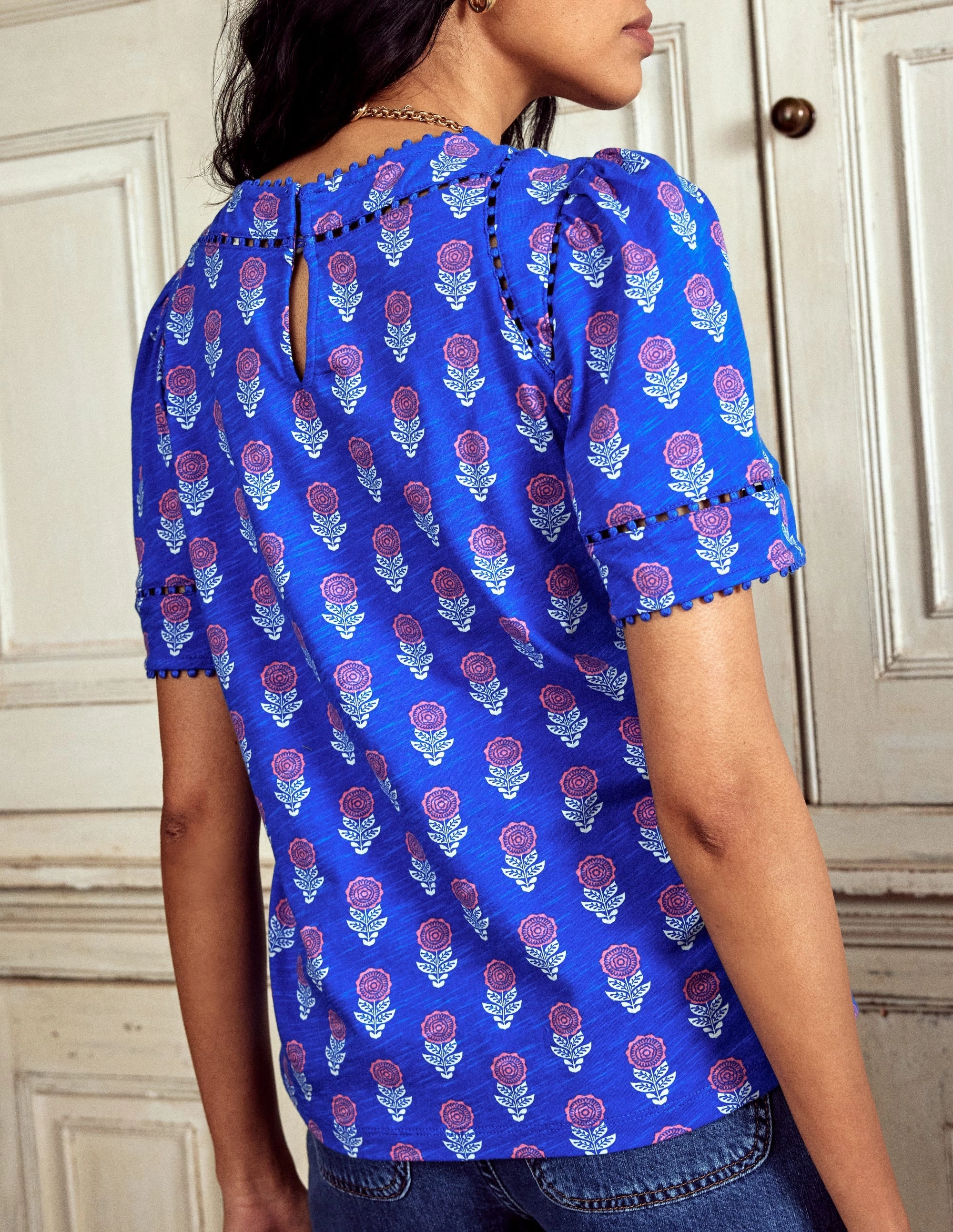 Easy Style Mila Trim Detail Top-Gallery Blue, Dahlia Sprig