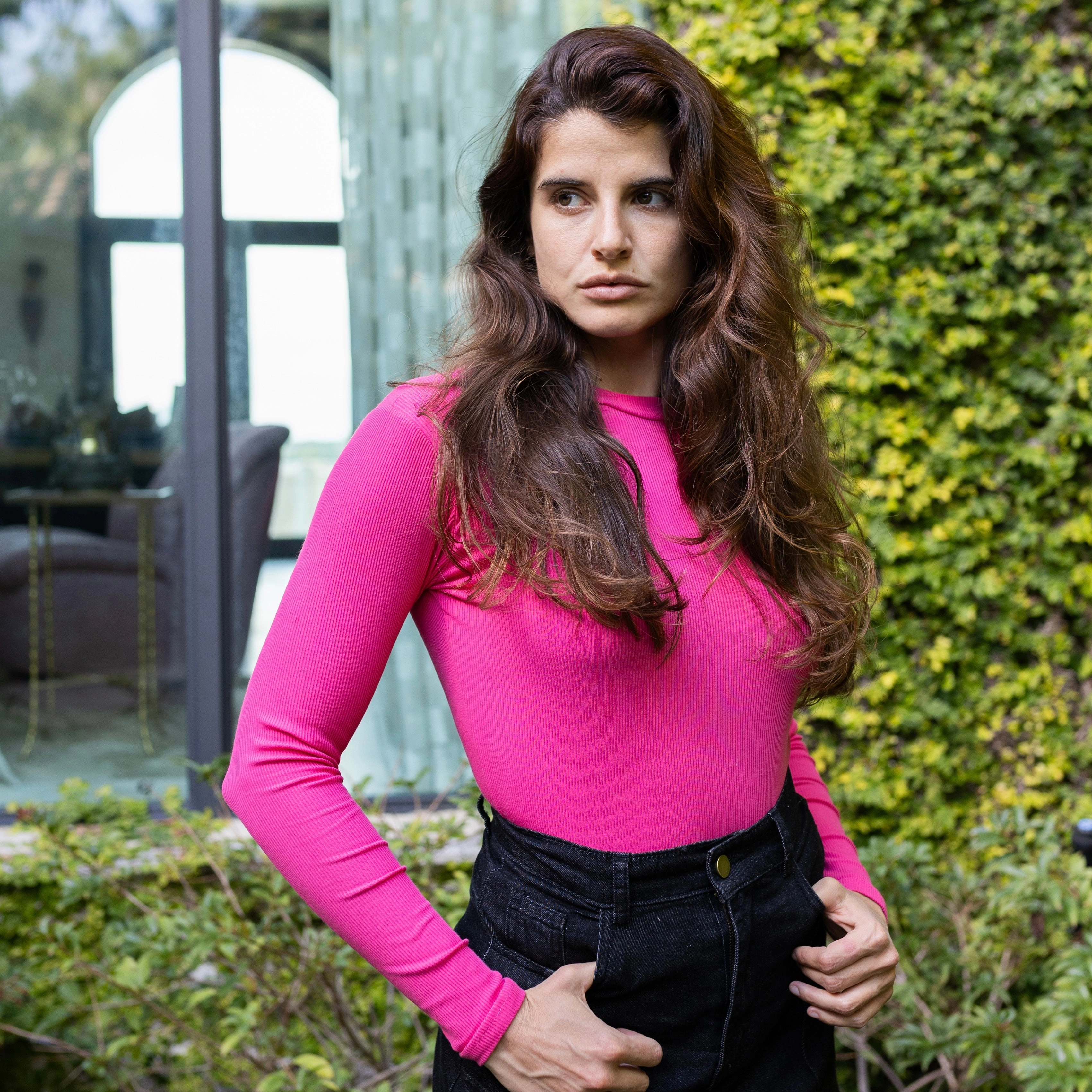 Ribbed Crewneck Tee | Highlighter Pink Hidden Button Placket