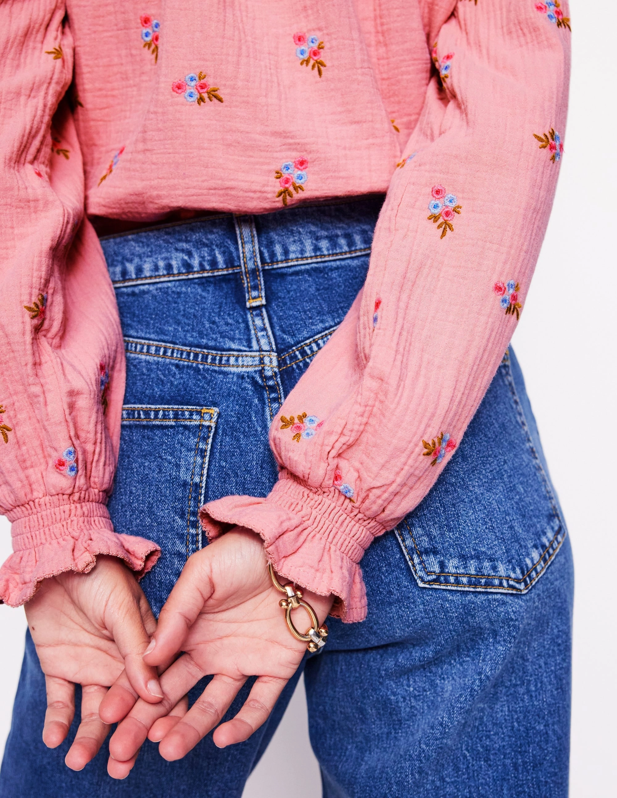 Evie Double Cloth Top-Almond Pink, Floral Embroidery PocketDetails Stylish Hoodie