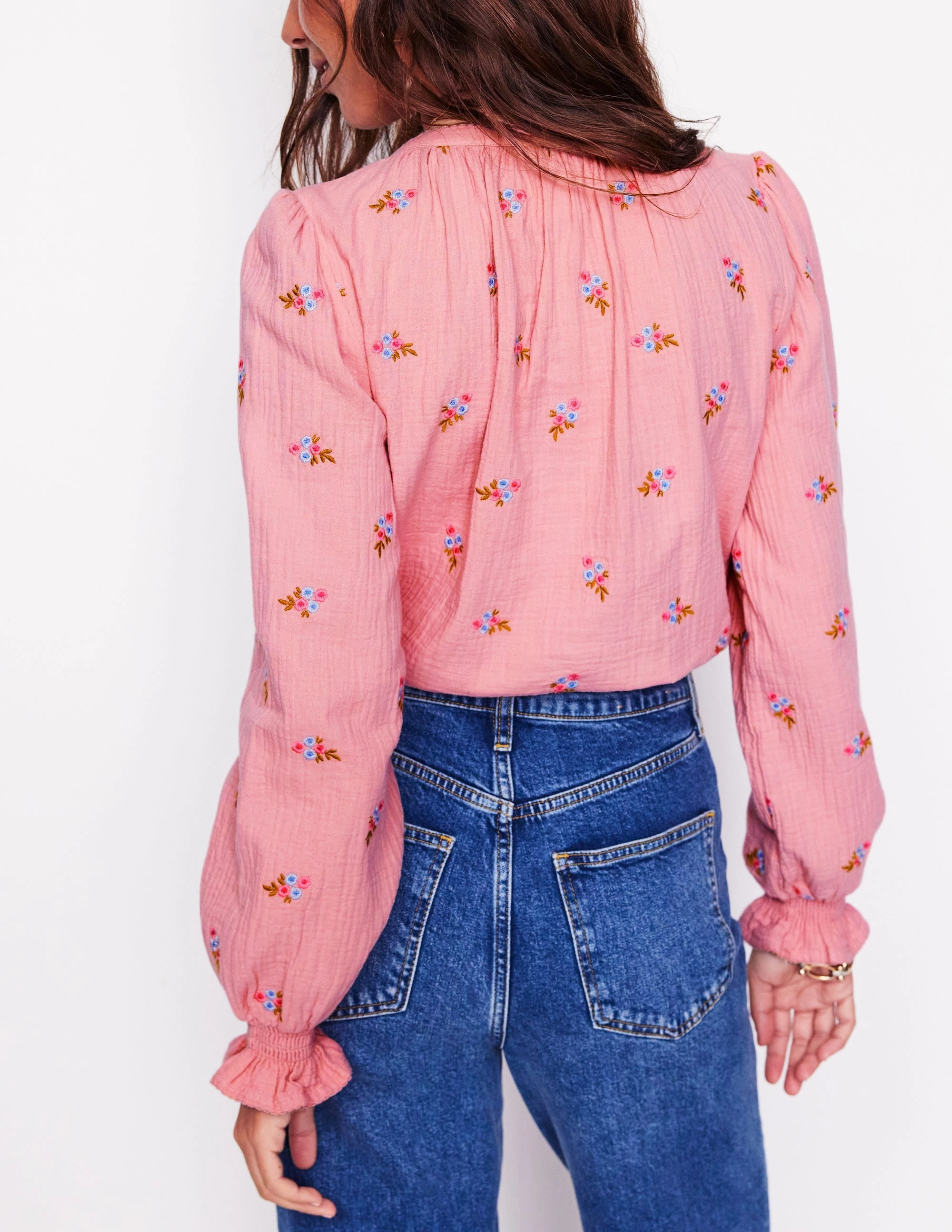 Evie Double Cloth Top-Almond Pink, Floral Embroidery AllSeason Wearability Compact Stitching