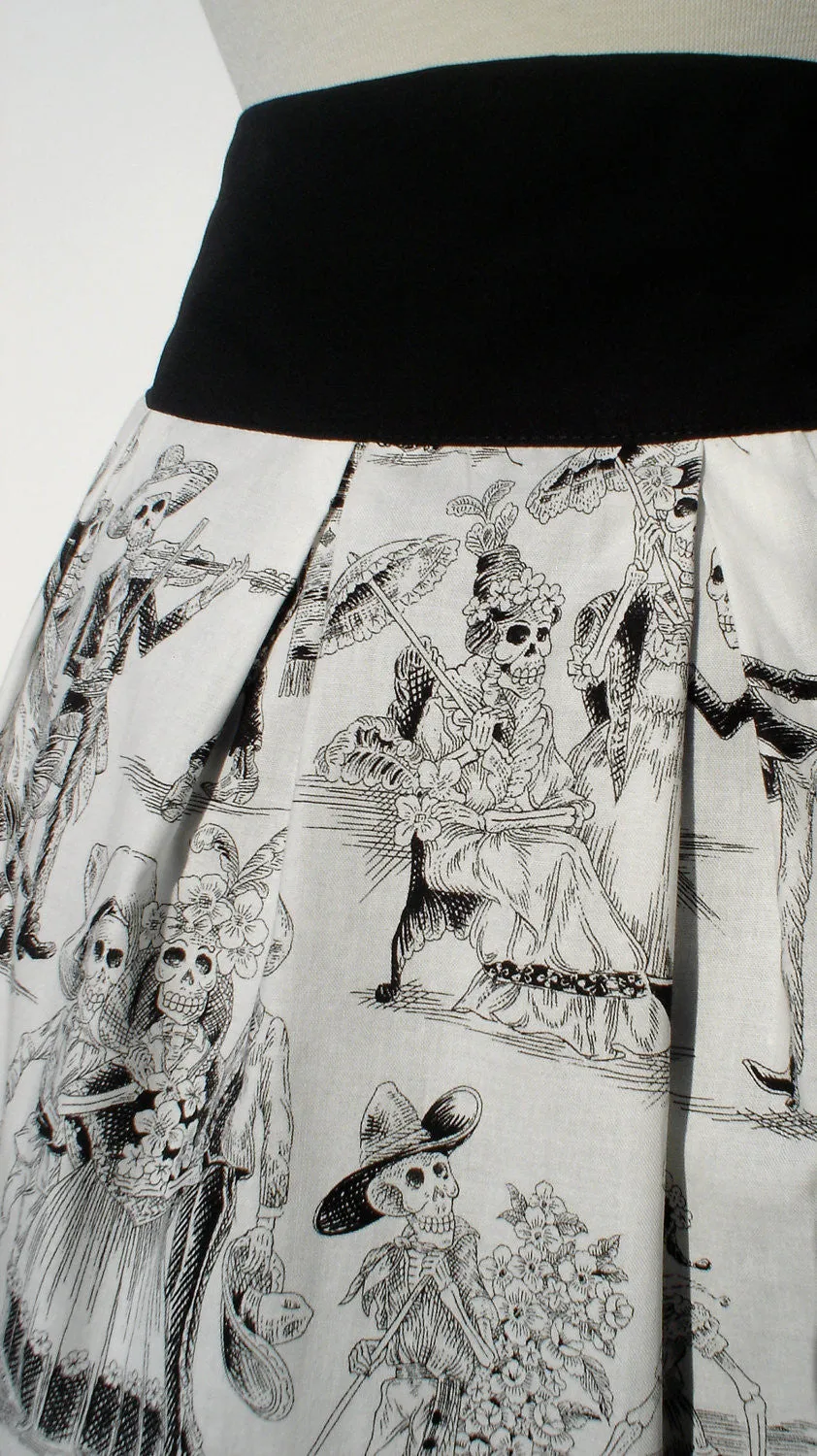 Functional Fashion Multi Purpose Black and White Catrina Skulls Day of the Dead Skirt #S-RS720