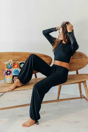 Black Current Ribbed Gaucho Pants Casual Style Easy Fit Design