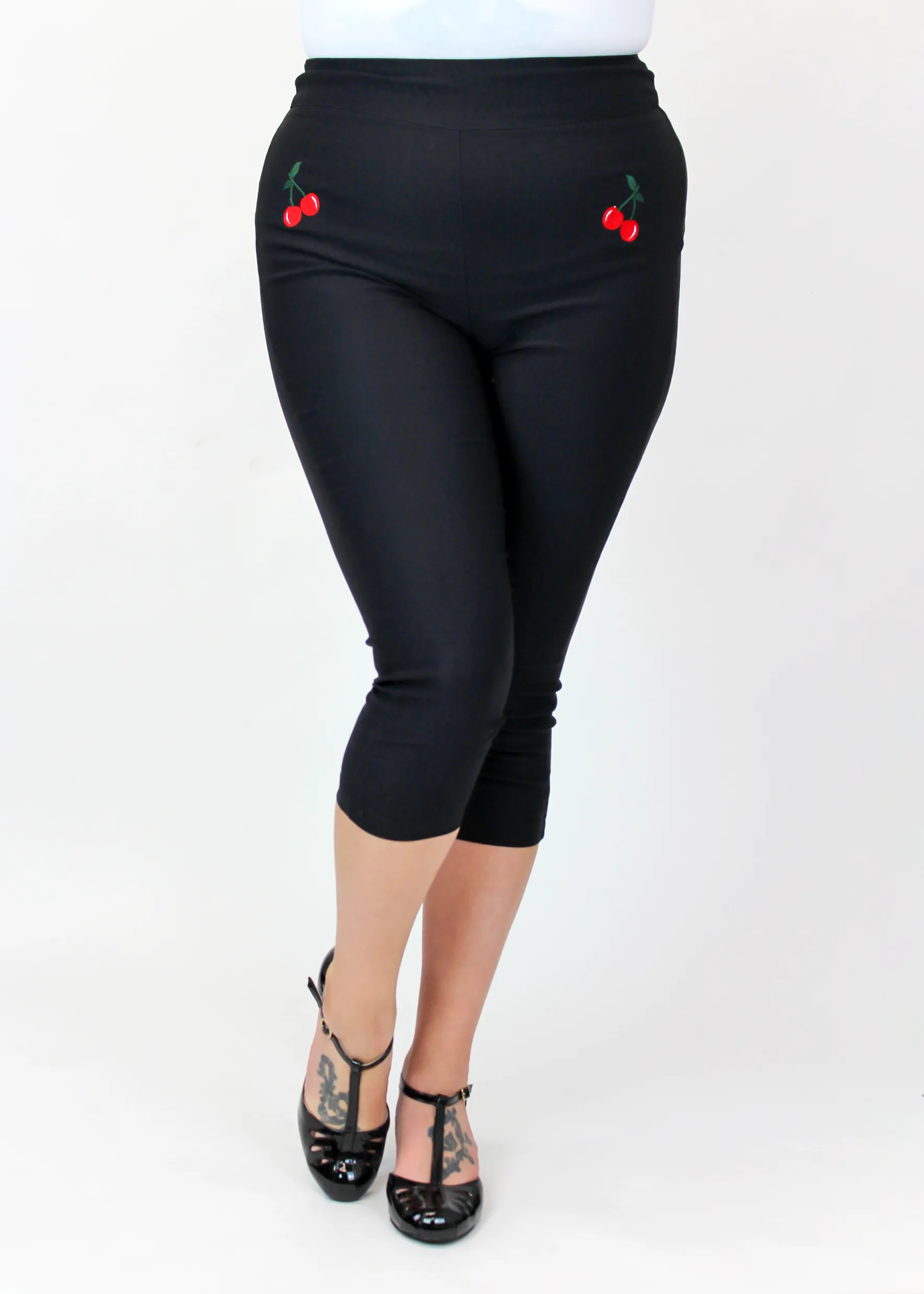 Stain Release Finish Black Pin Up High Waist Capri Pants - Embroidered Cherries #EM-HCC