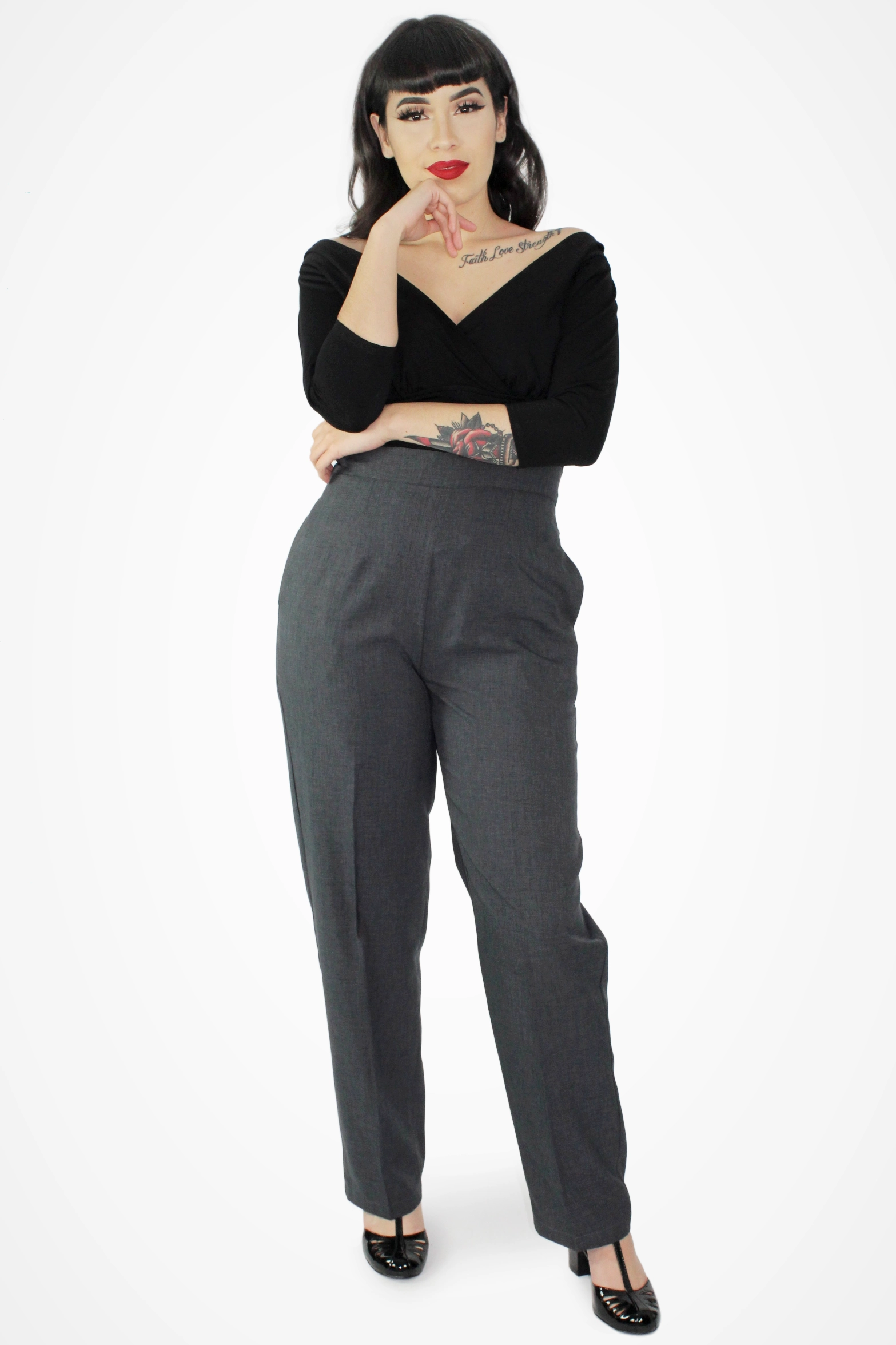 Silicone Grip Interior NonRestrictiveCollar Black Three Quarter Sleeve Overlap Top XS-3XL #B34T