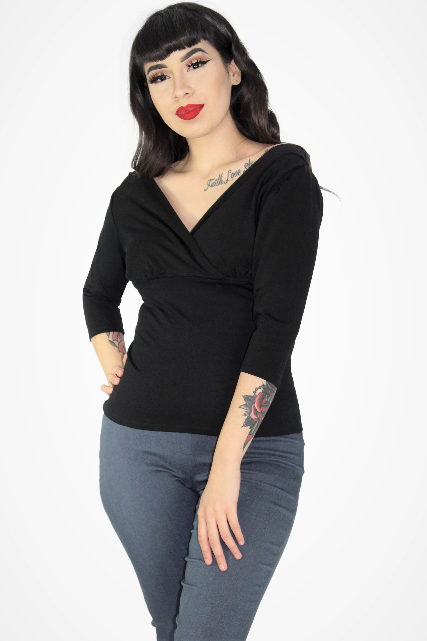 Black Three Quarter Sleeve Overlap Top XS-3XL #B34T NonToxic Certification AbrasionResistant Edging