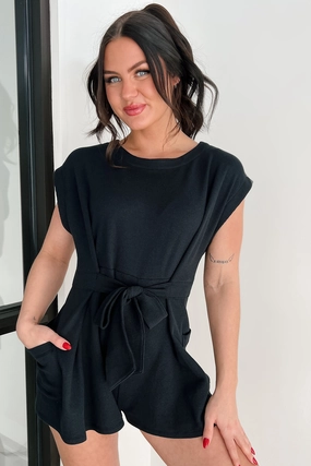 Vibrant Form Bohemian-Style Easy Going Days Tie Front Waffle Knit Romper (Black)