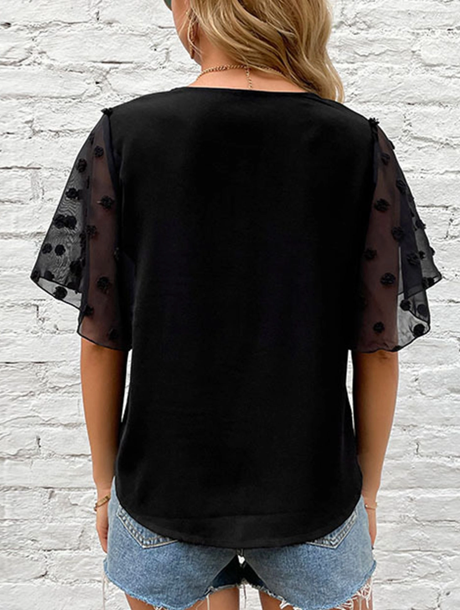 BLACK V-NECK GAUZE SEE-THROUGH BLOUSE_CWTBLS0874 Stretch Fit Engineering