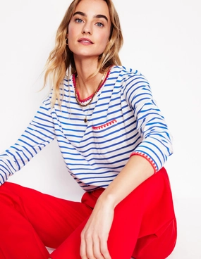 Recycled Polyester Fabric Temperature Regulating Fabric Blanket Stitch Boxy Top-Ivory, Gallery Blue