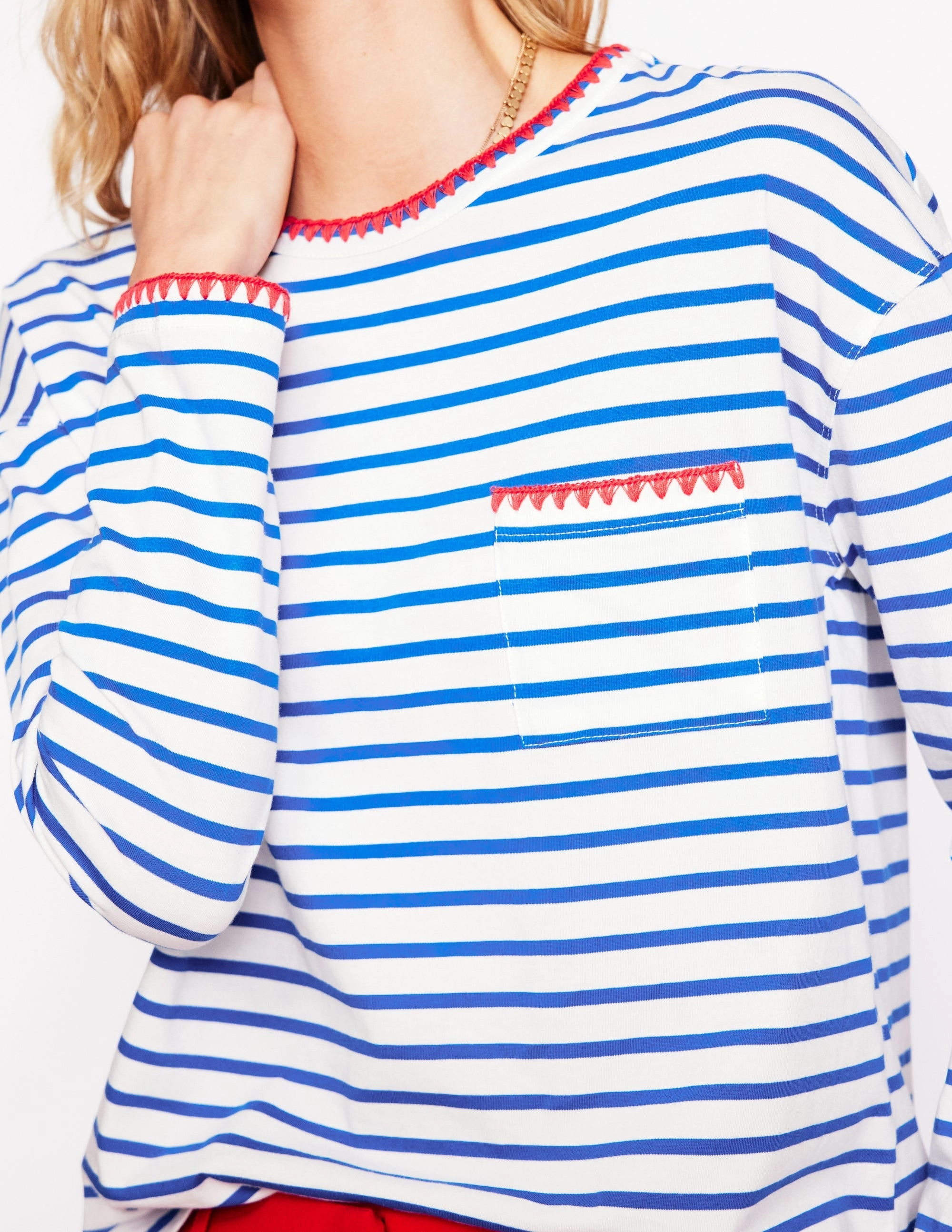 Blanket Stitch Boxy Top-Ivory, Gallery Blue Multipurpose Layering Piece