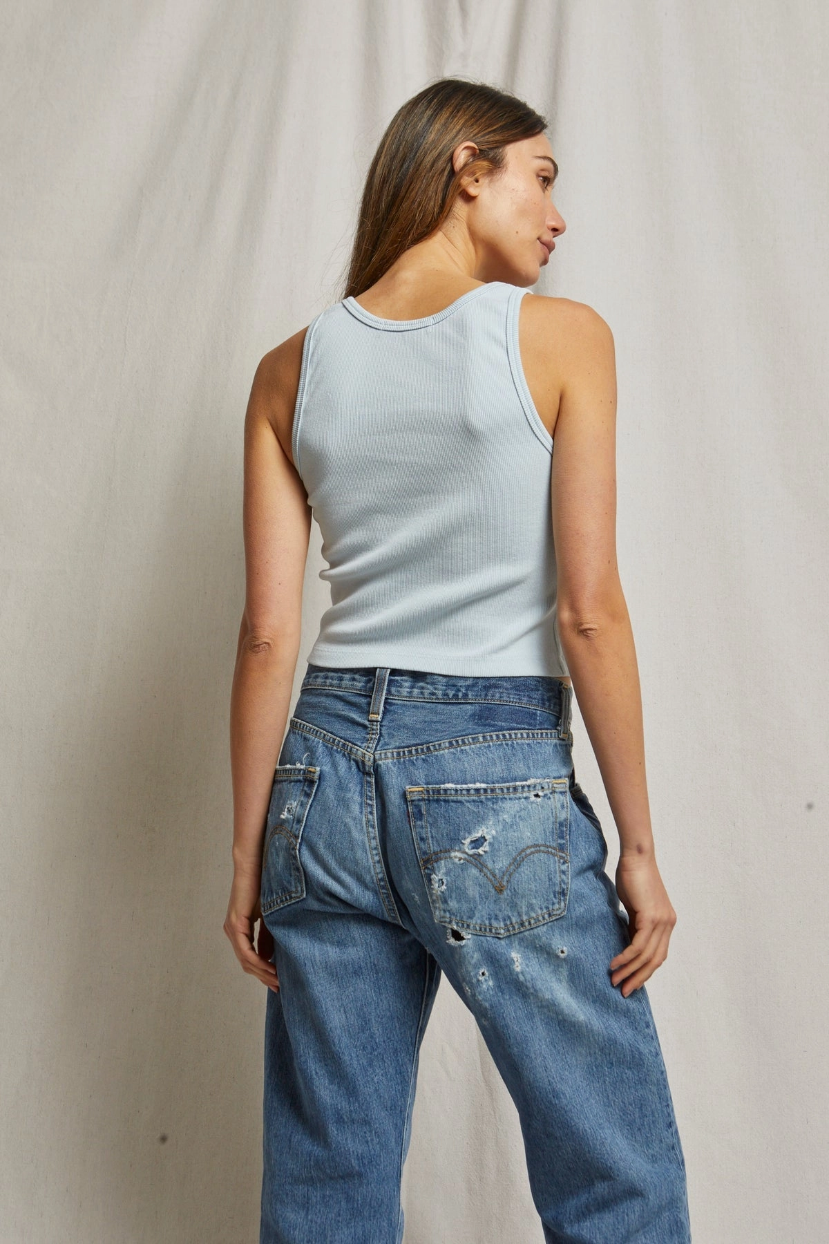 High Neckline Blondie Rib Tank in Baby Blue