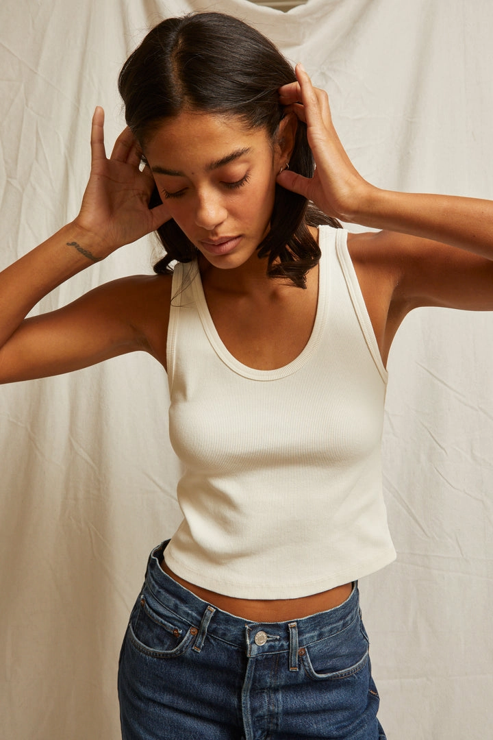Reinforced Hem Stitching Compression Fit Blondie Rib Tank in Bright Ivory