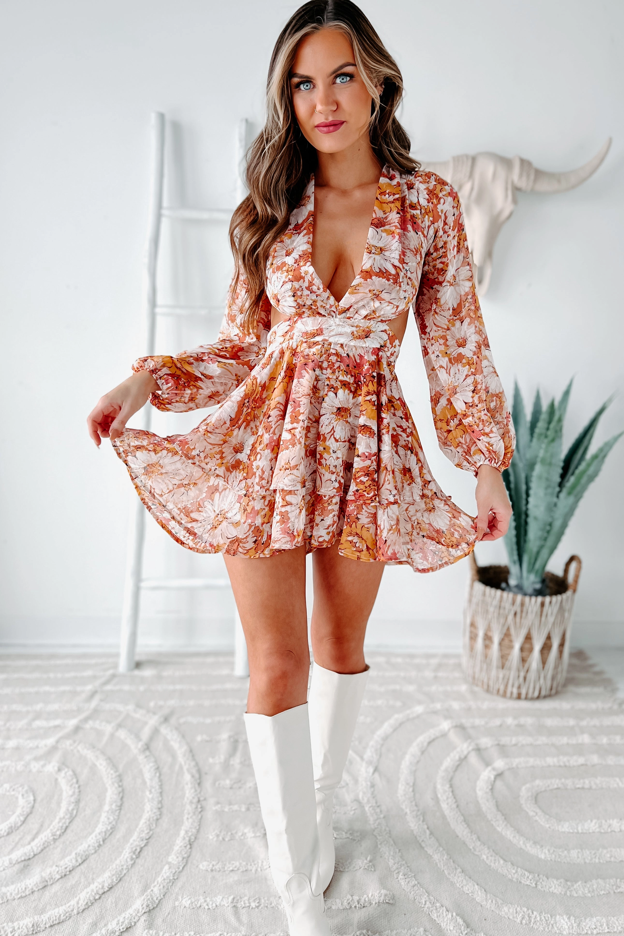 Blooming Sensation Ruffled Floral Romper (Rust) Regular Fit Reflective Trim Details