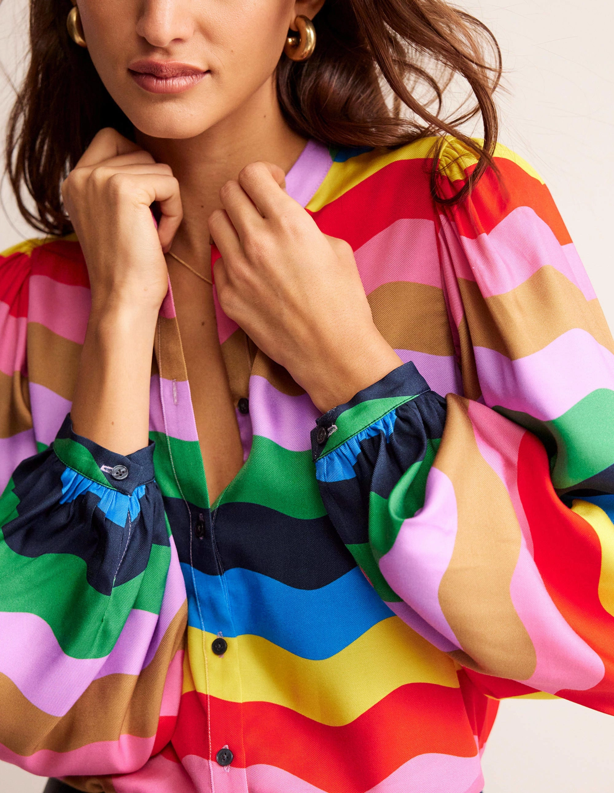 Bamboo Derived Material Blouson Sleeve Blouse-Multi, Rainbow Wave