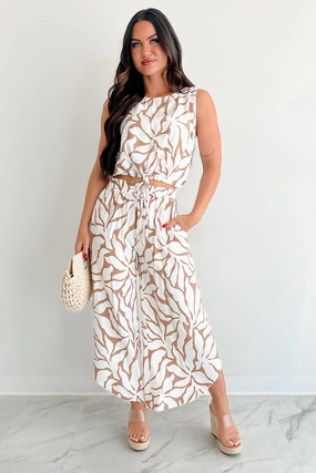 Anti Pilling Surface Quick Comfort Fit Under the Boardwalk Curve Hem Tropical Print Pants (Taupe/Ivory)