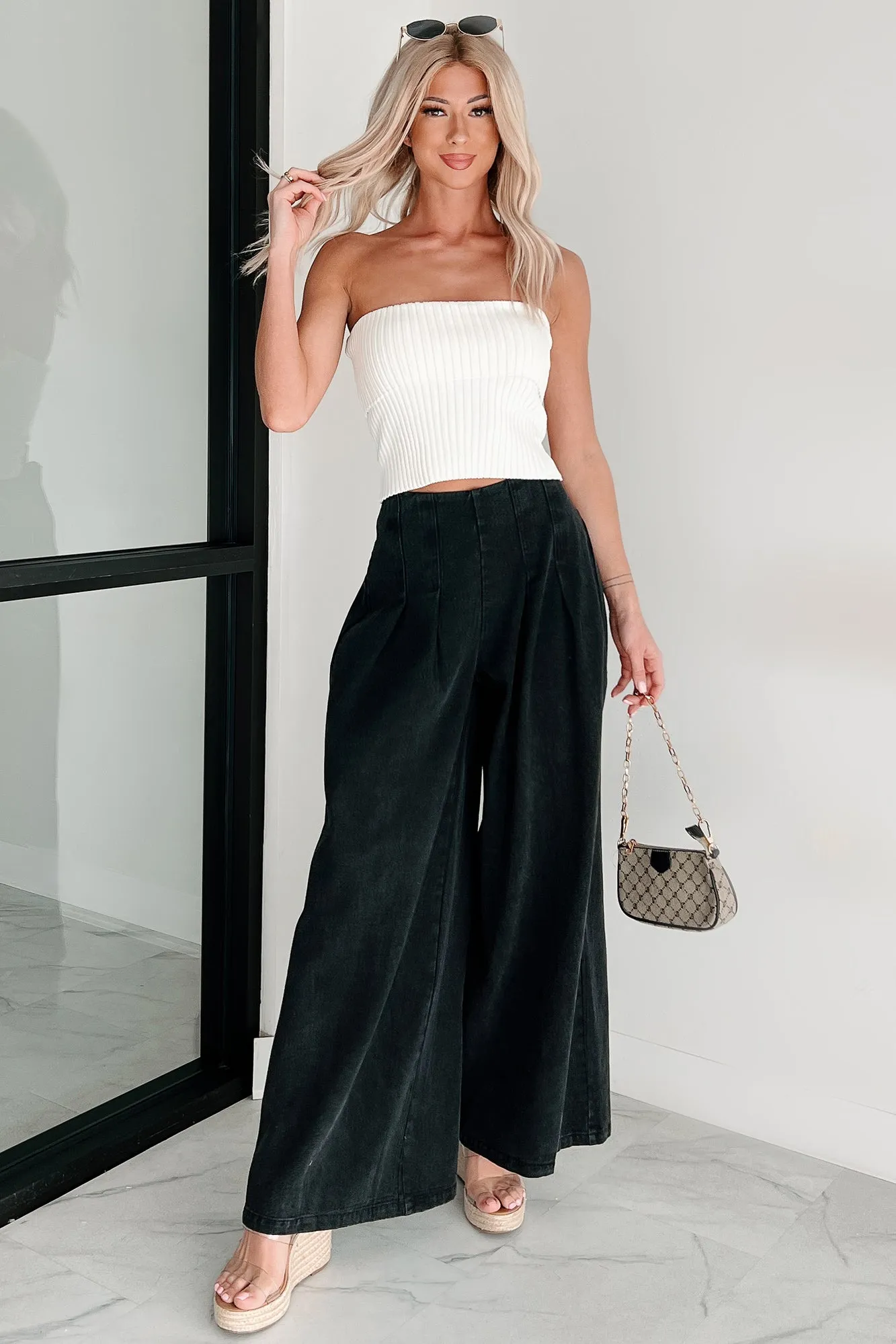 High On Life Wide Leg Pleated Denim Pants (Black) Home Comfort Party Look Modern Minimalist