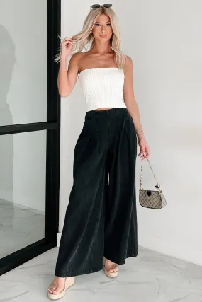 High On Life Wide Leg Pleated Denim Pants (Black) Office Wear Trendy Home Comfort