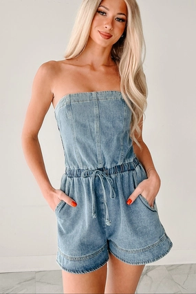 High Noon Honey Strapless Denim Romper (Light Denim) Jewel Tones