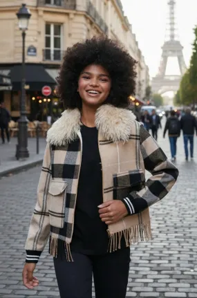 Bomber Jacket in Camel Check Fringe Double Needle Hemming
