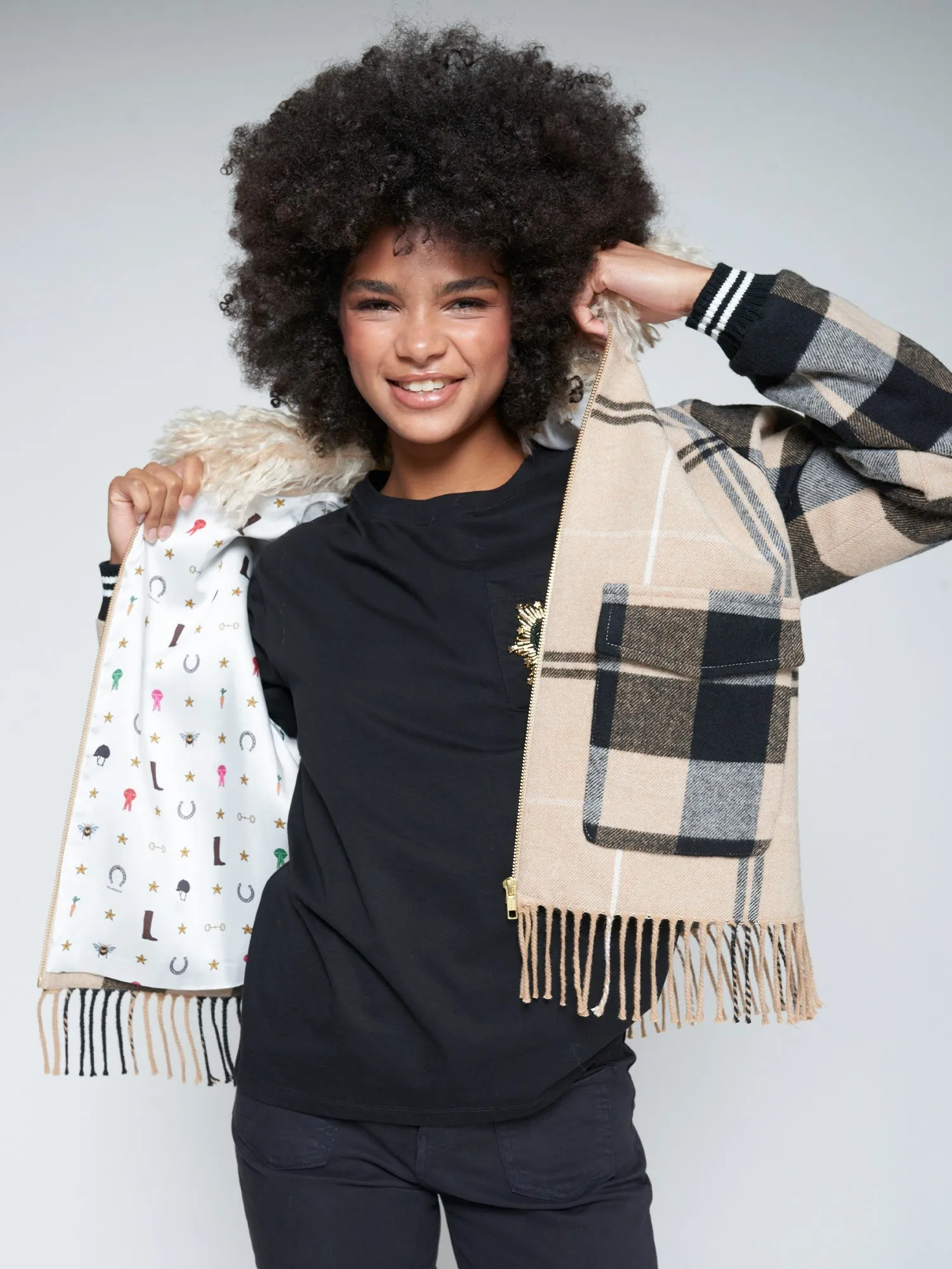 FlexibleRibbedTrims Bomber Jacket in Camel Check Fringe