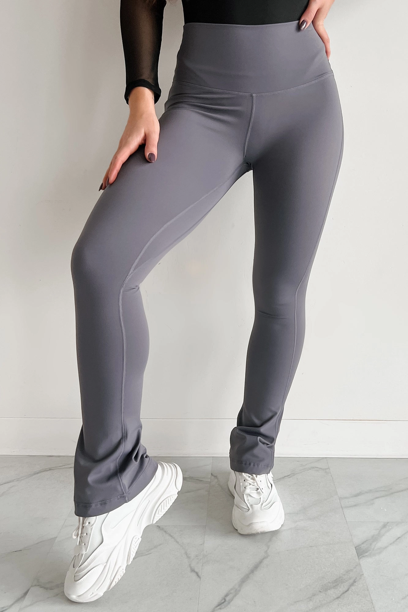 Curvy Confidence High Rise Flare Legging (Charcoal) Sweat Resistant