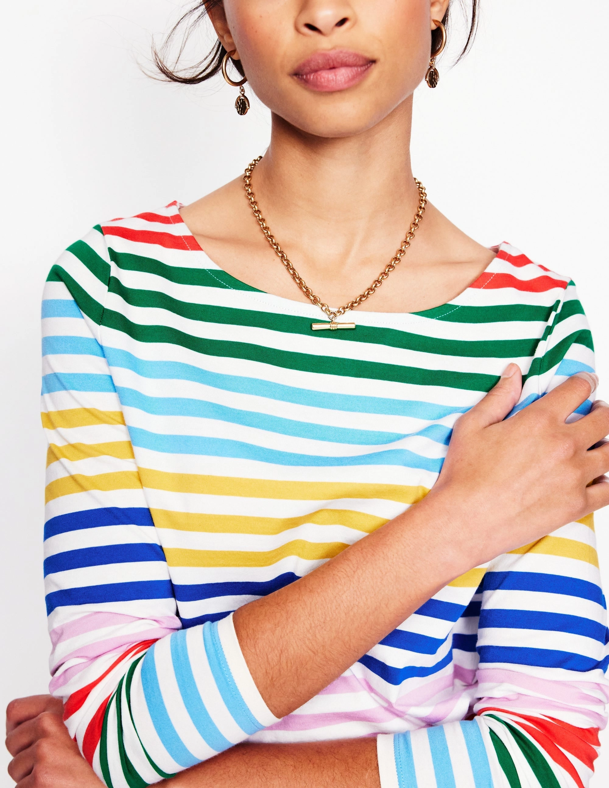 Ella Long Sleeve Breton-Banded Rainbow Stripe StretchableKnit