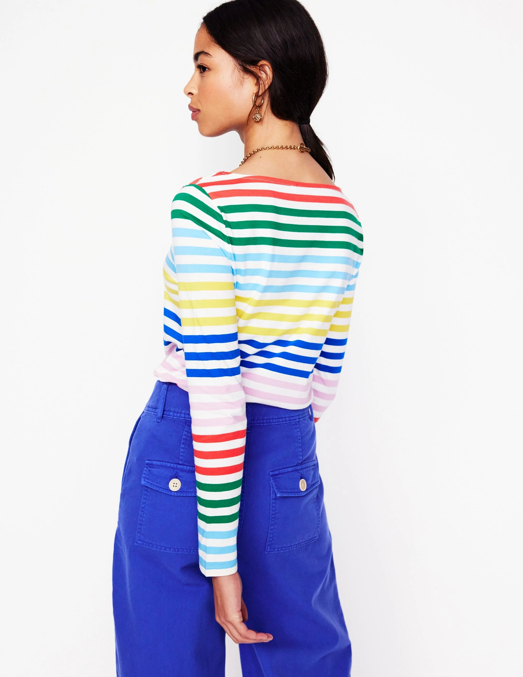 Ella Long Sleeve Breton-Banded Rainbow Stripe HiddenVentilationPockets NonRestrictive