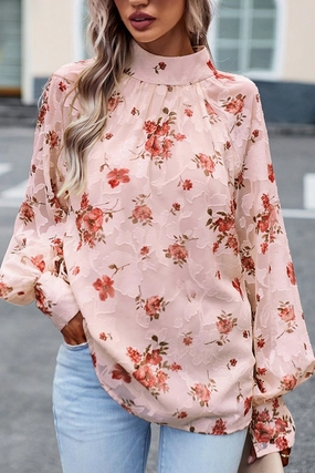 WOMEN LOOSE FIT HIGH NECK FLORAL PRINTING BLOUSE Quick Dry Fabric