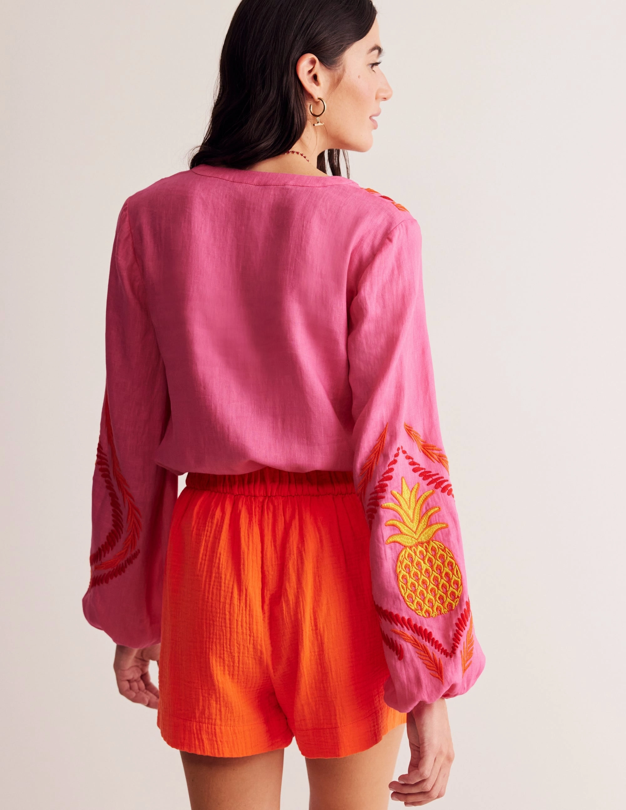 Flex Fit Shoulder Construction Bonnie Linen Top-Sangria Sunset, Pineapple