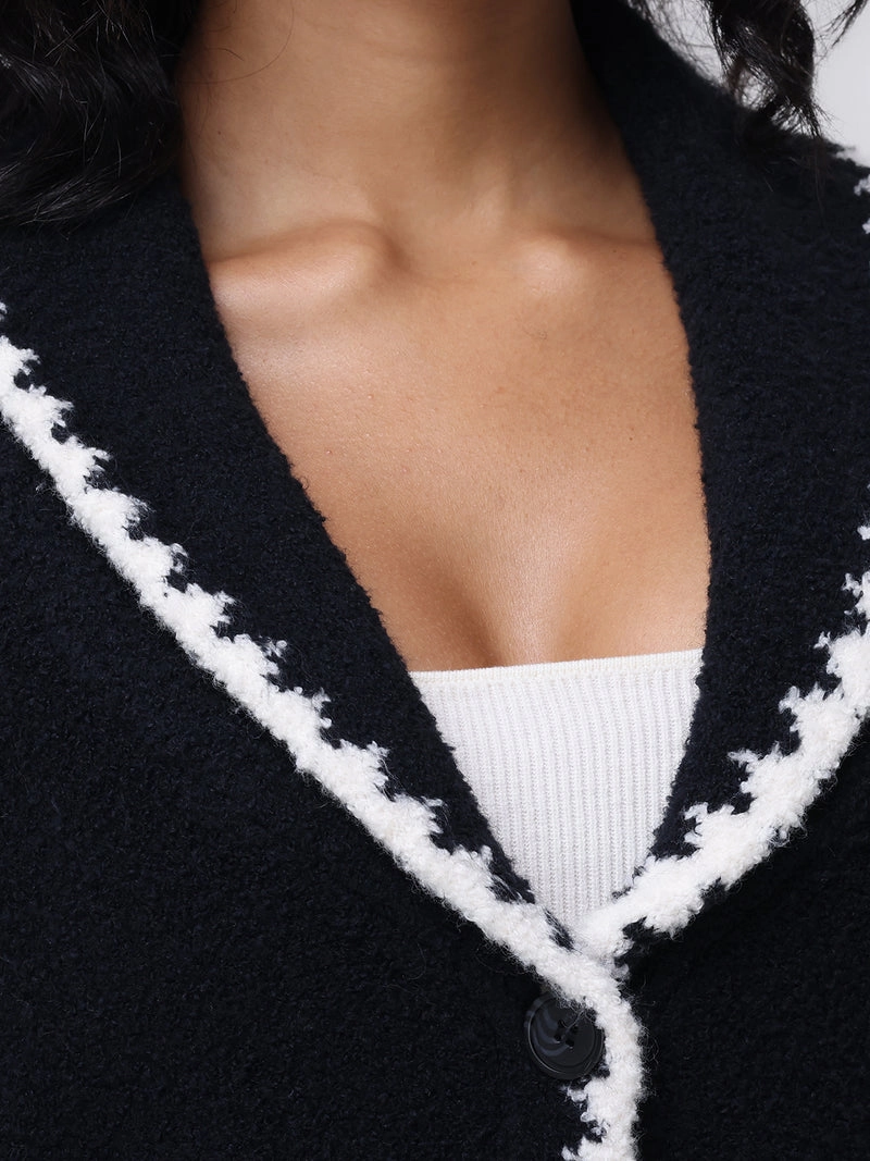 Slim Fit Shirt Quick Access Zipper Boucle Whip Stitch Coatigan w/Scarf in Black Multi