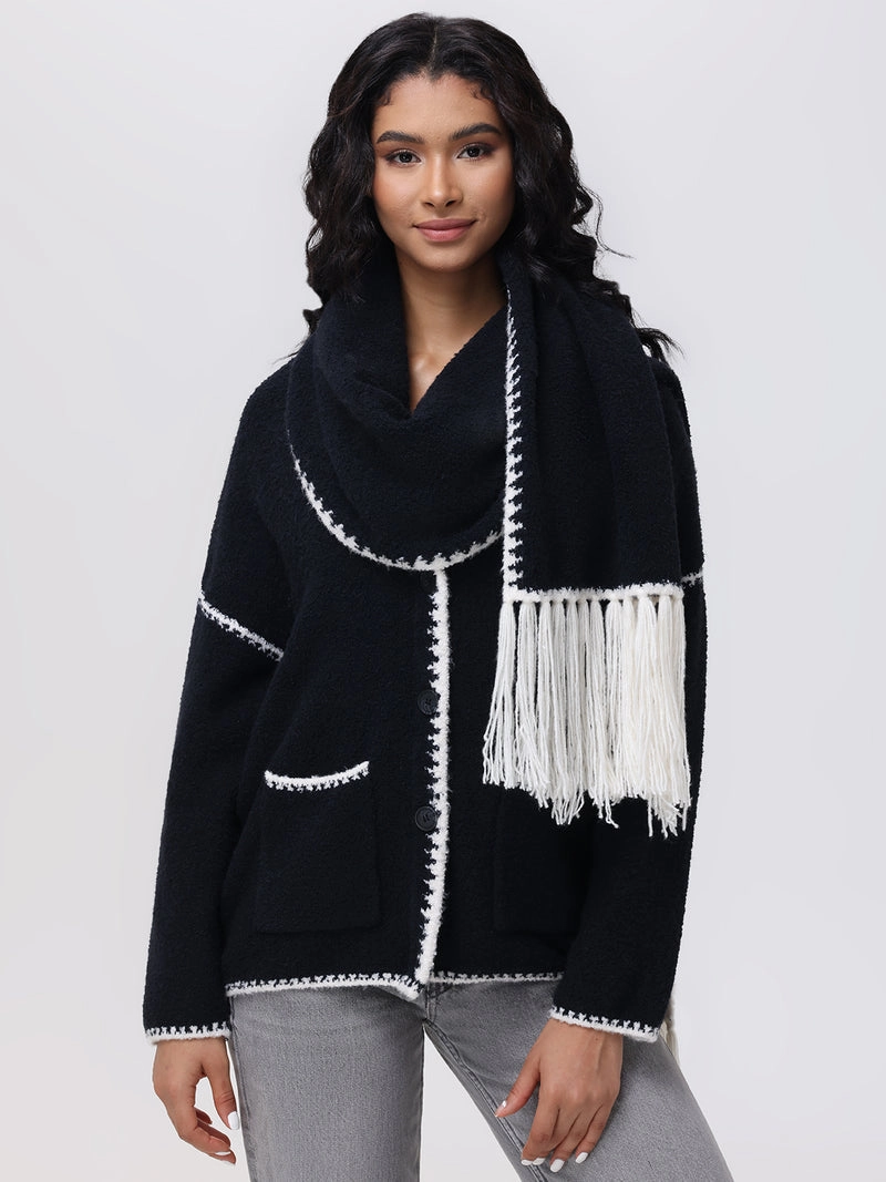 Boucle Whip Stitch Coatigan w/Scarf in Black Multi Laser Cut Edges Easy to Wear