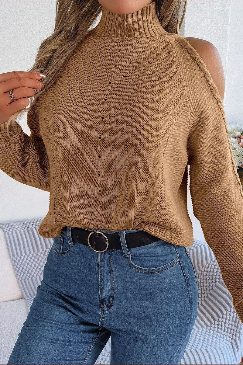 Durable Binding MultiLayer Stitching WOMEN HIGH NECK CUT OUT SHOULDER KNIT SWEATSHIRT