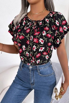 CASUAL LOOSE RUFFLED LACE CHIFFON TOP_CWTSTS0223 Adjustable Hem FadeResistant Finish