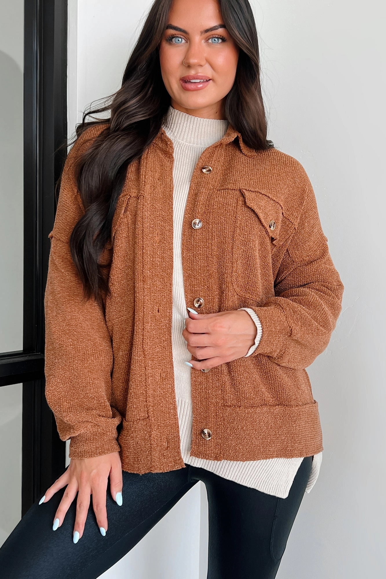 Iona Knit Shacket (Brown) Warm Essentials Comfort Fit