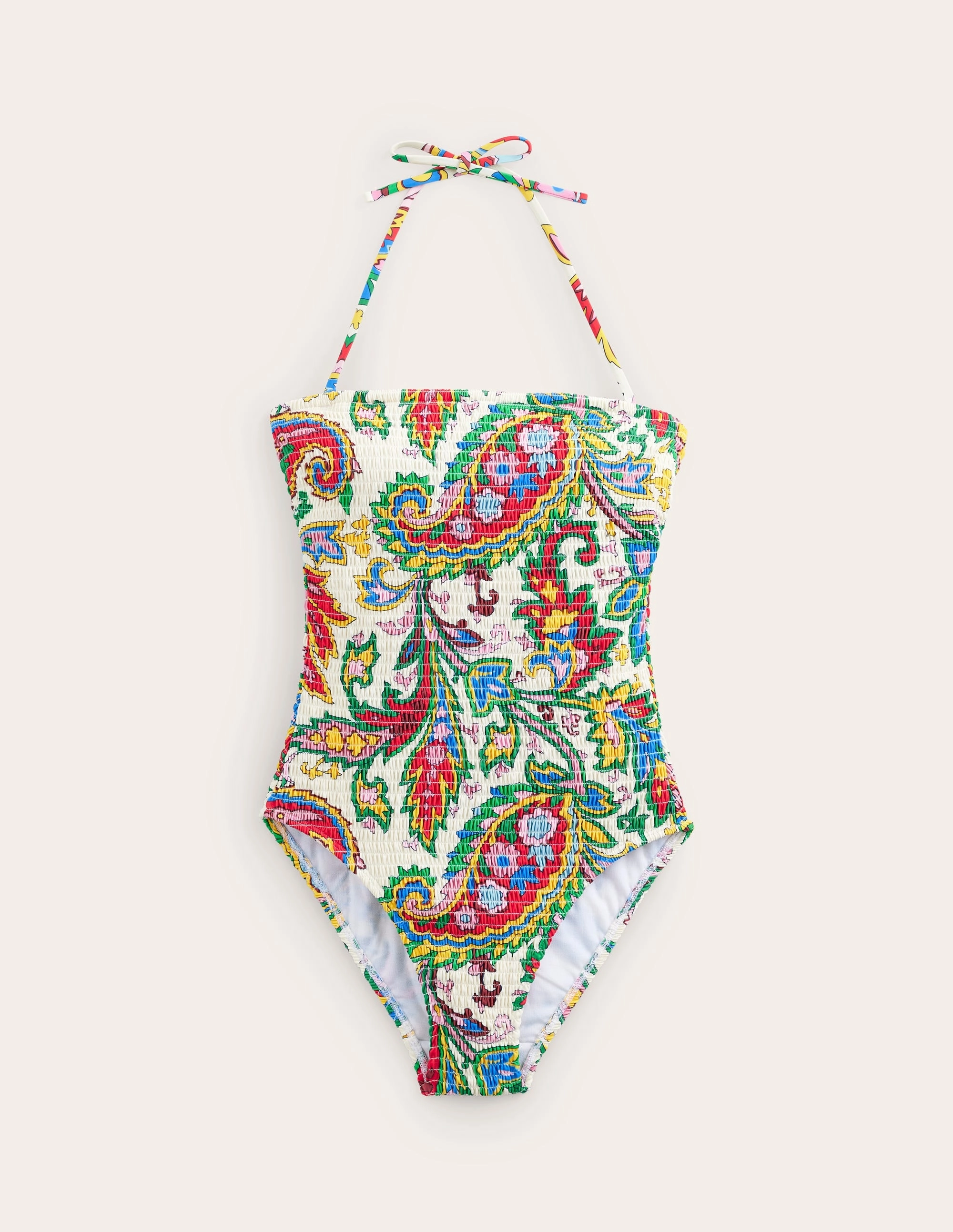 Milos Smocked Bandeau Swimsuit-Ivory, Paisley Azure Thermal Insulation Layer Beach Outfit