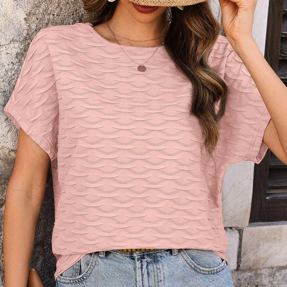 BREATHABLE SOLID COLOR BAT-SLEEVE BLOUSE_CWTBLS0719 Formal Tank Interlock Stitch Detail