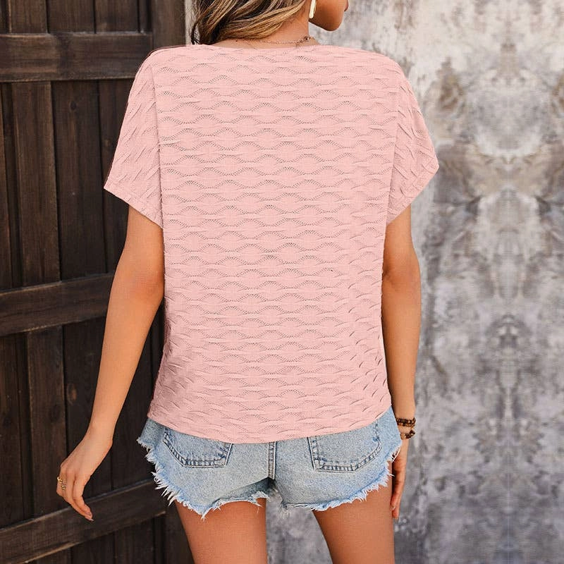 BREATHABLE SOLID COLOR BAT-SLEEVE BLOUSE_CWTBLS0719 High Density Knit Reinforced Neckline Detail