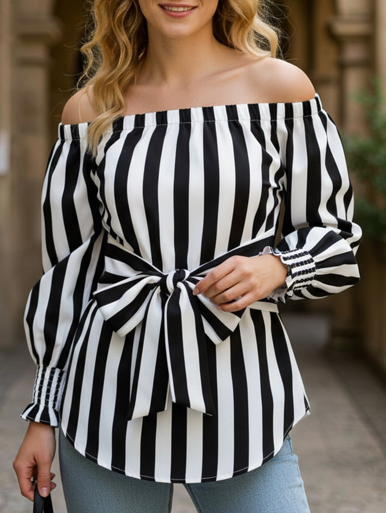 All Day Comfort Loose off-the-shoulder asymmetrical striped shirt