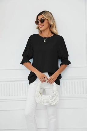 RUFFLED PUFF SHORT SLEEVE LOOSE CHIFFON BLOUSE QuickReleaseFastenings ZipClosure