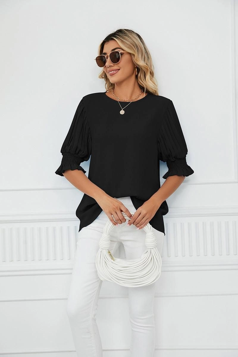 AthleisureInspired RUFFLED PUFF SHORT SLEEVE LOOSE CHIFFON BLOUSE
