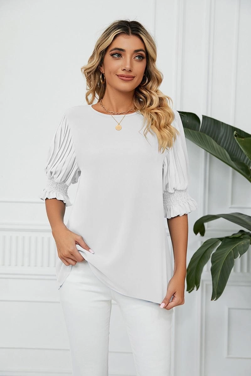 Breathable Tank RUFFLED PUFF SHORT SLEEVE LOOSE CHIFFON BLOUSE