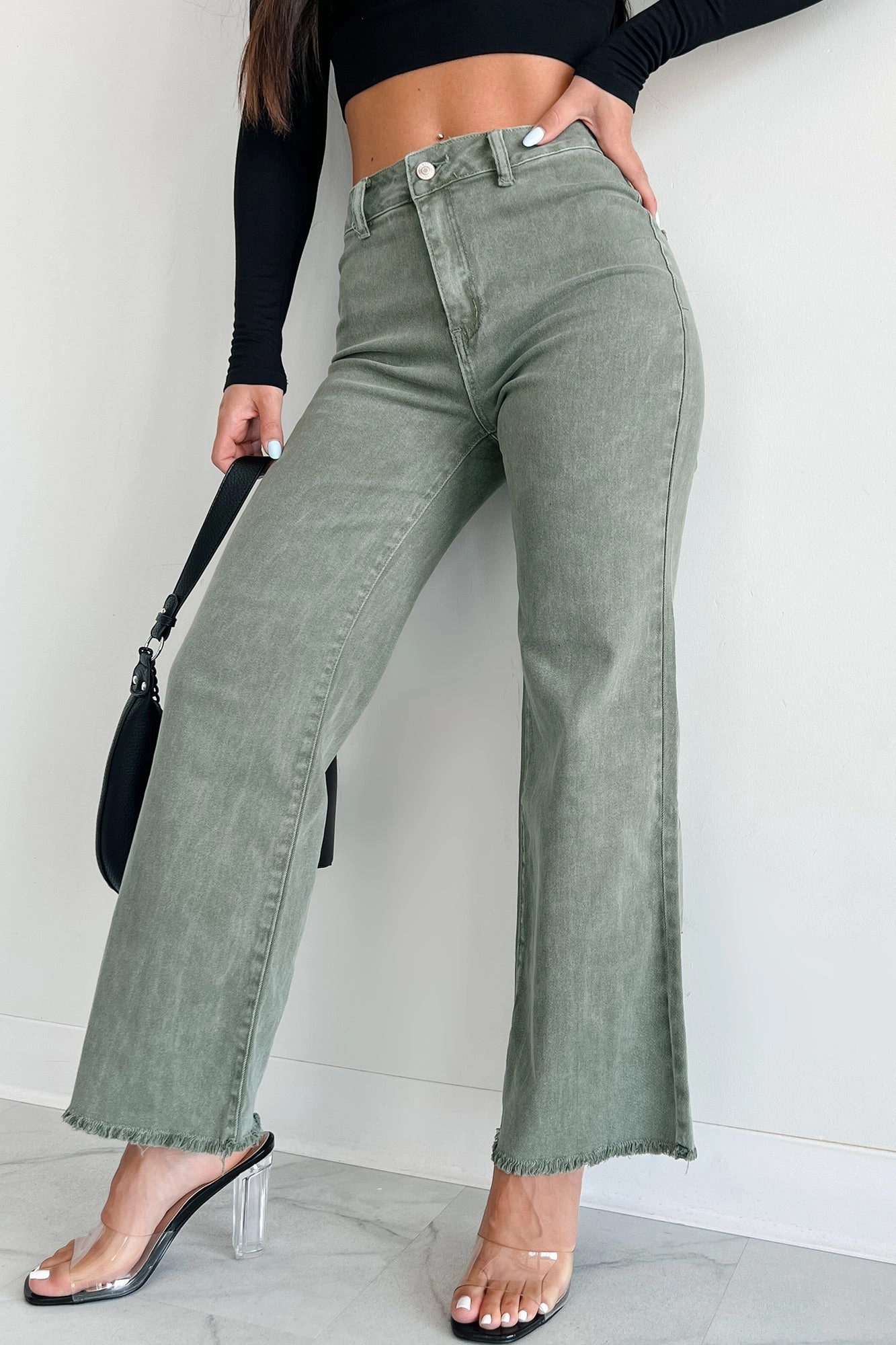 Azriel High Rise Straight Leg Zenana Jeans (Olive) ResilientStretch Bound Seam Finish