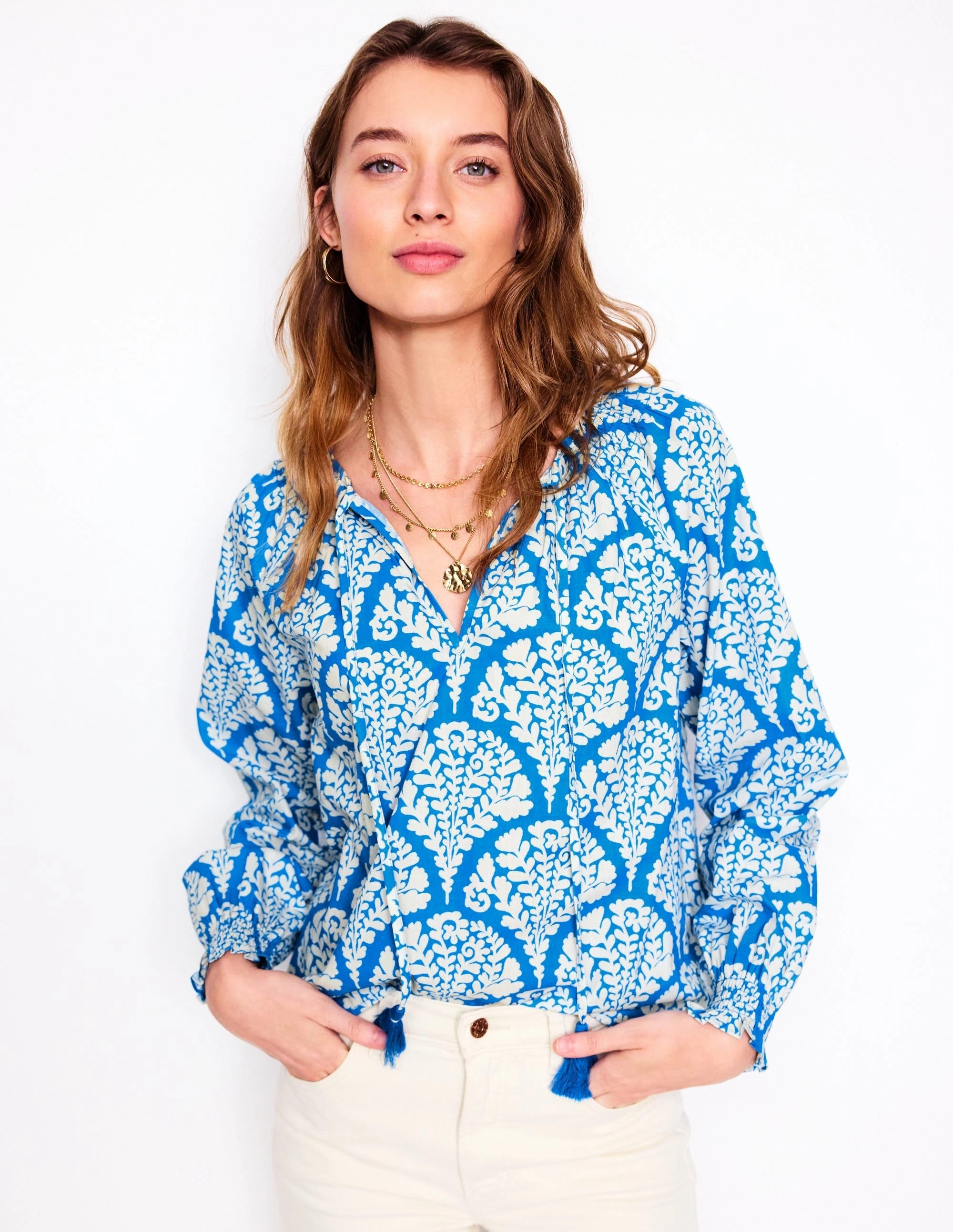 Easy Cotton Blouse-Cerulean Blue, Blossomy SeamlessConstruction Layered Neckline Details