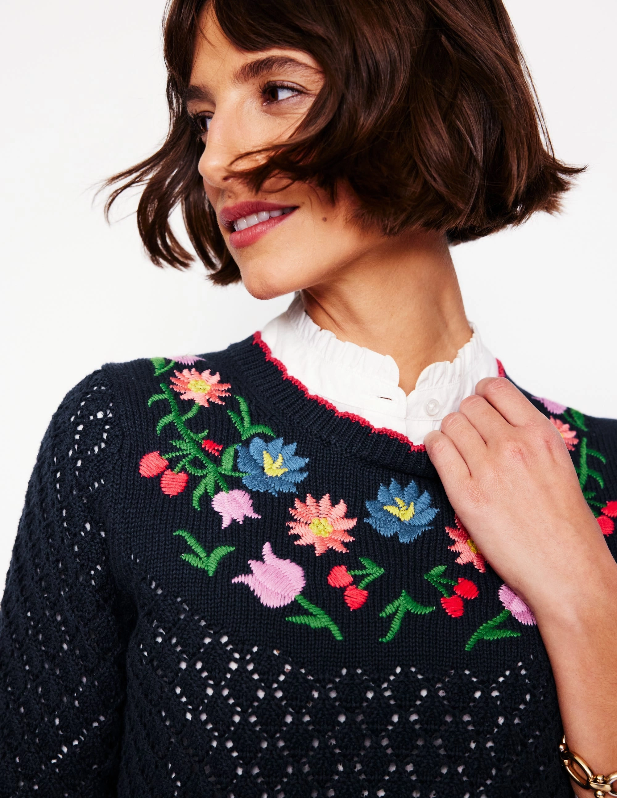 Quick Dressing Embroidered Cotton Jumper-Navy